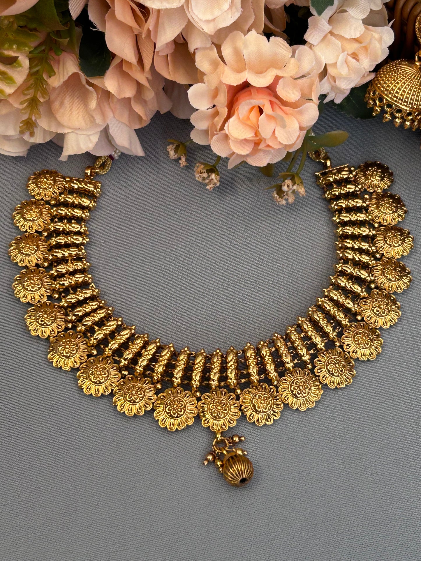 Gold Cluster Flowers Necklace Set with Intricate Jhumkas