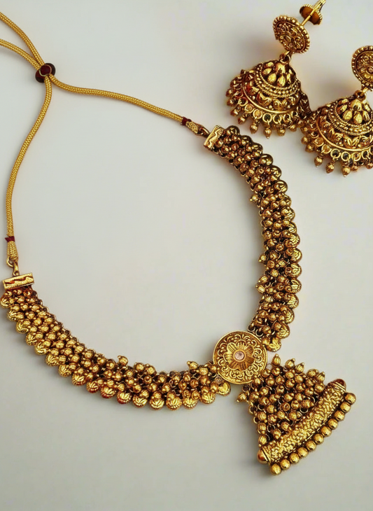 Intricate Gold Plated Necklace Set with Jhumkas