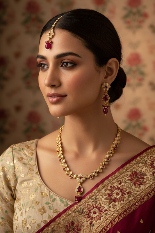 Gold Ruby and Moissanite Necklace Set with Mang Tika