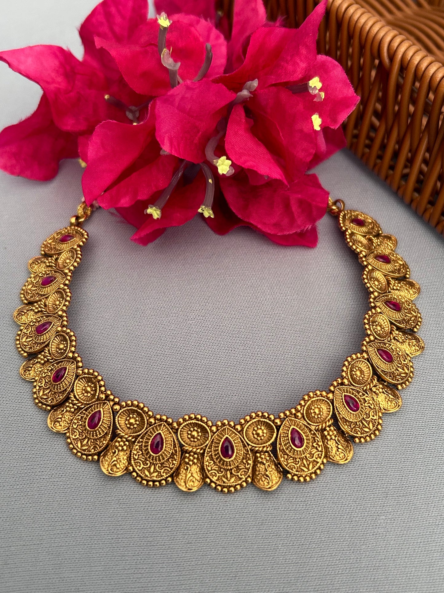 Gold Plated Necklace with Ruby and Stud Earrings