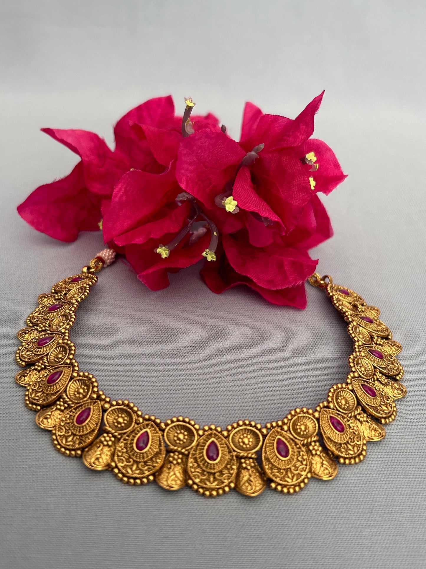 Gold Plated Necklace with Ruby and Stud Earrings