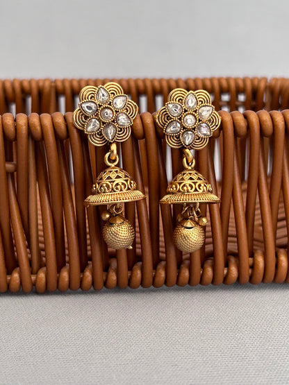 Antique Gold Necklace with Diamond Studded Locket and Intricate Jhumkas