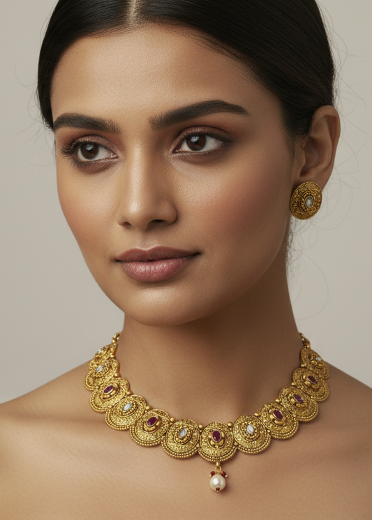 Bold Gold, Uncut AD and Ruby Necklace Set