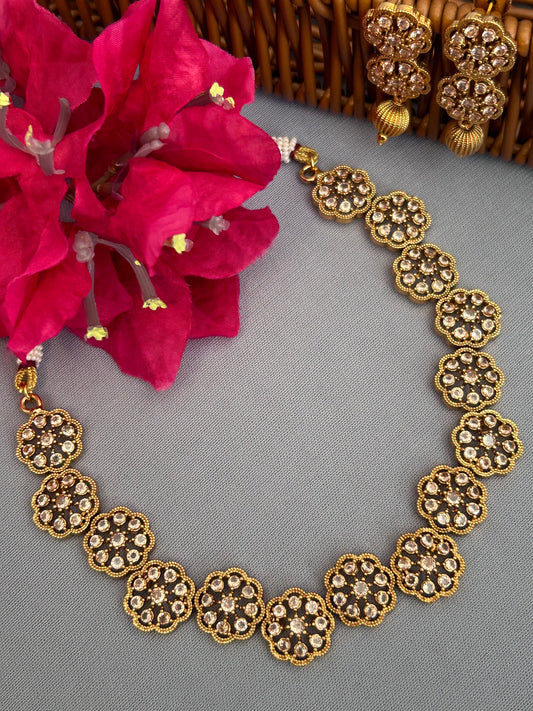 Moissanite Flower Gold Plated Necklace Set