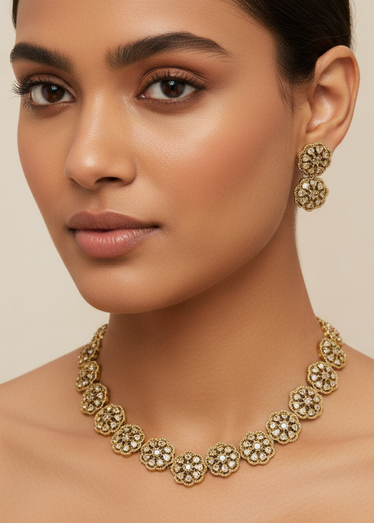 Moissanite Flower Gold Plated Necklace Set