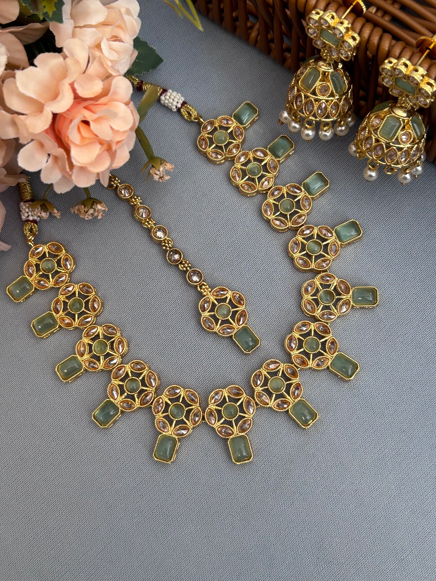 Rich Gold, Cluster ADs and Eden Emerald Necklace Set with Mang Tika and Jhumkas