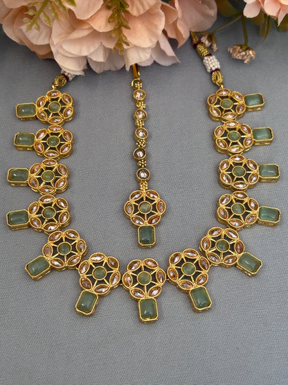 Rich Gold, Cluster ADs and Eden Emerald Necklace Set with Mang Tika and Jhumkas