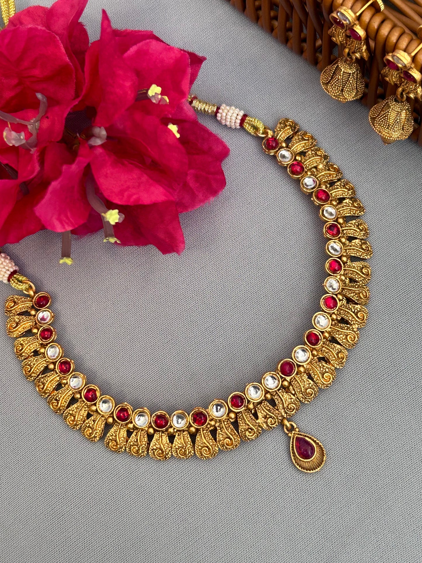 Antique Tribal Art Inspired Necklace Set with Ruby, Uncut AD and Bell Earrings