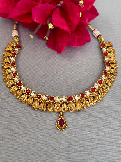 Antique Tribal Art Inspired Necklace Set with Ruby, Uncut AD and Bell Earrings