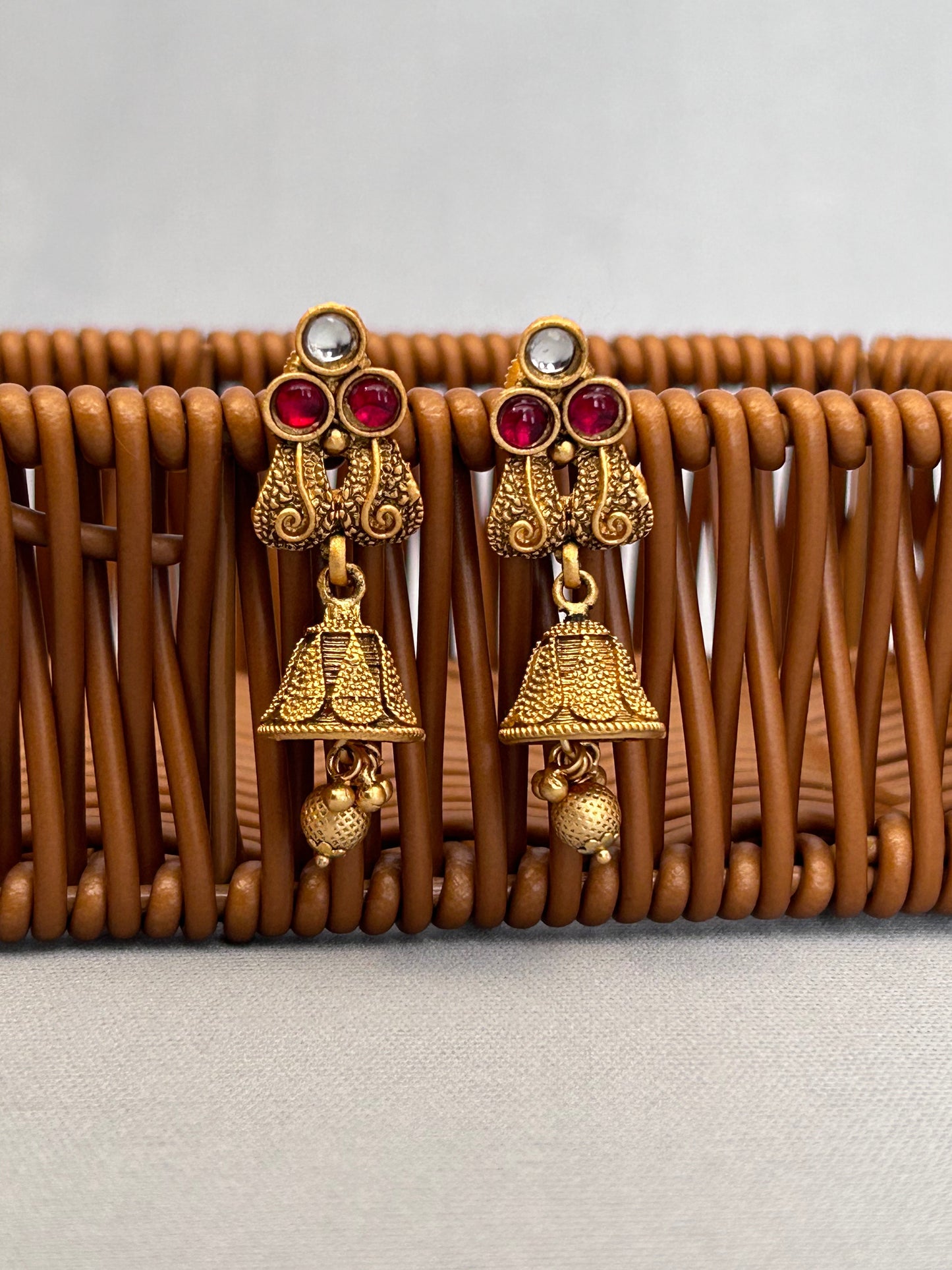 Antique Tribal Art Inspired Necklace Set with Ruby, Uncut AD and Bell Earrings