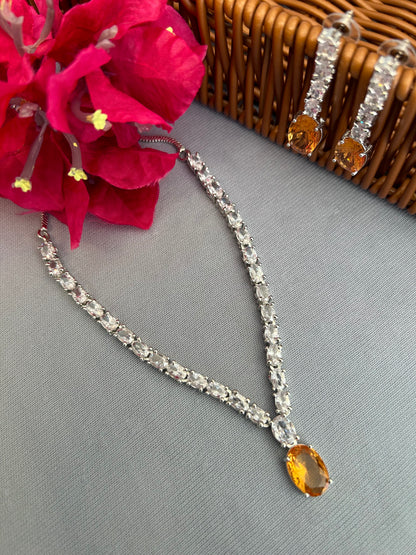 Diamond Necklace Set with and Oval Yellow Sapphire Pendant