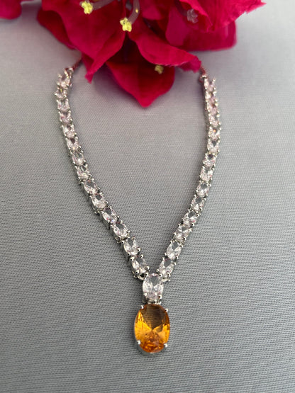 Diamond Necklace Set with and Oval Yellow Sapphire Pendant