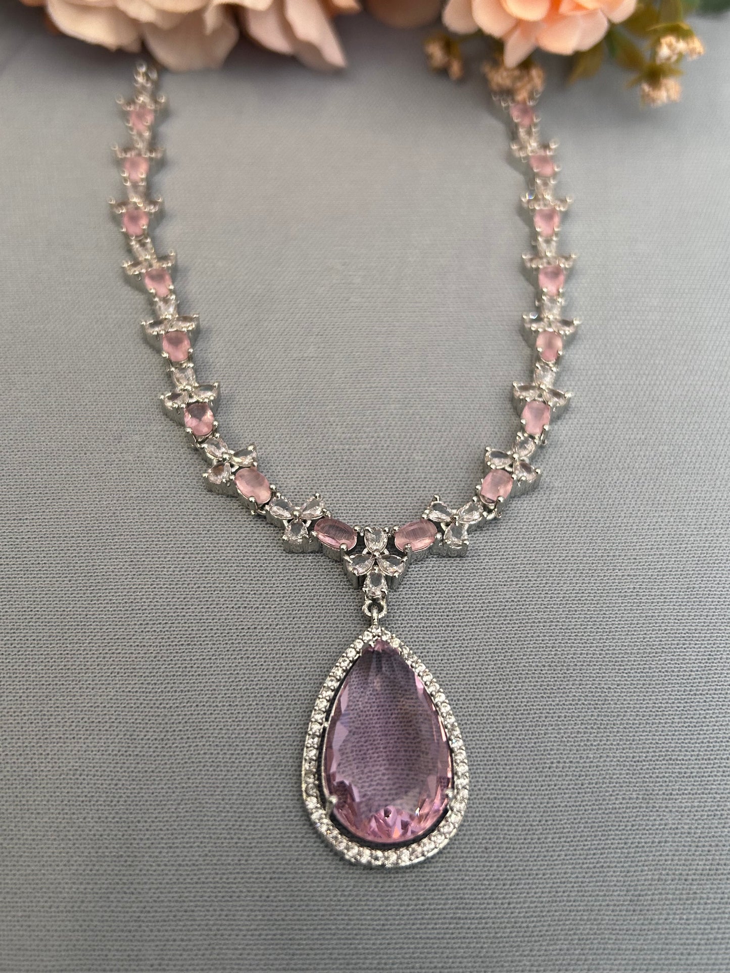 Cluster AD and Pink Crystal Tear Drop Necklace Set