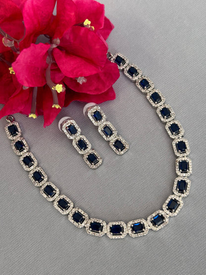 Cluster AD and Blue Sapphire Single Line Necklace Set