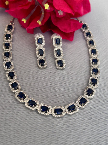 Cluster AD and Blue Sapphire Single Line Necklace Set