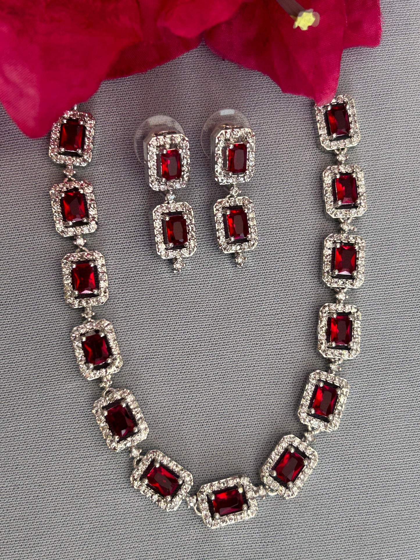 Cluster Diamonds and Rubies Single-Line Necklace Set