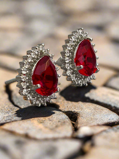 Cluster AD and Ruby Tear Drop Stud Earrings