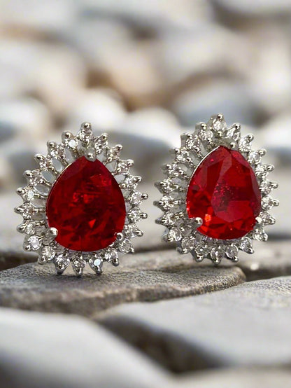 Cluster AD and Ruby Tear Drop Stud Earrings