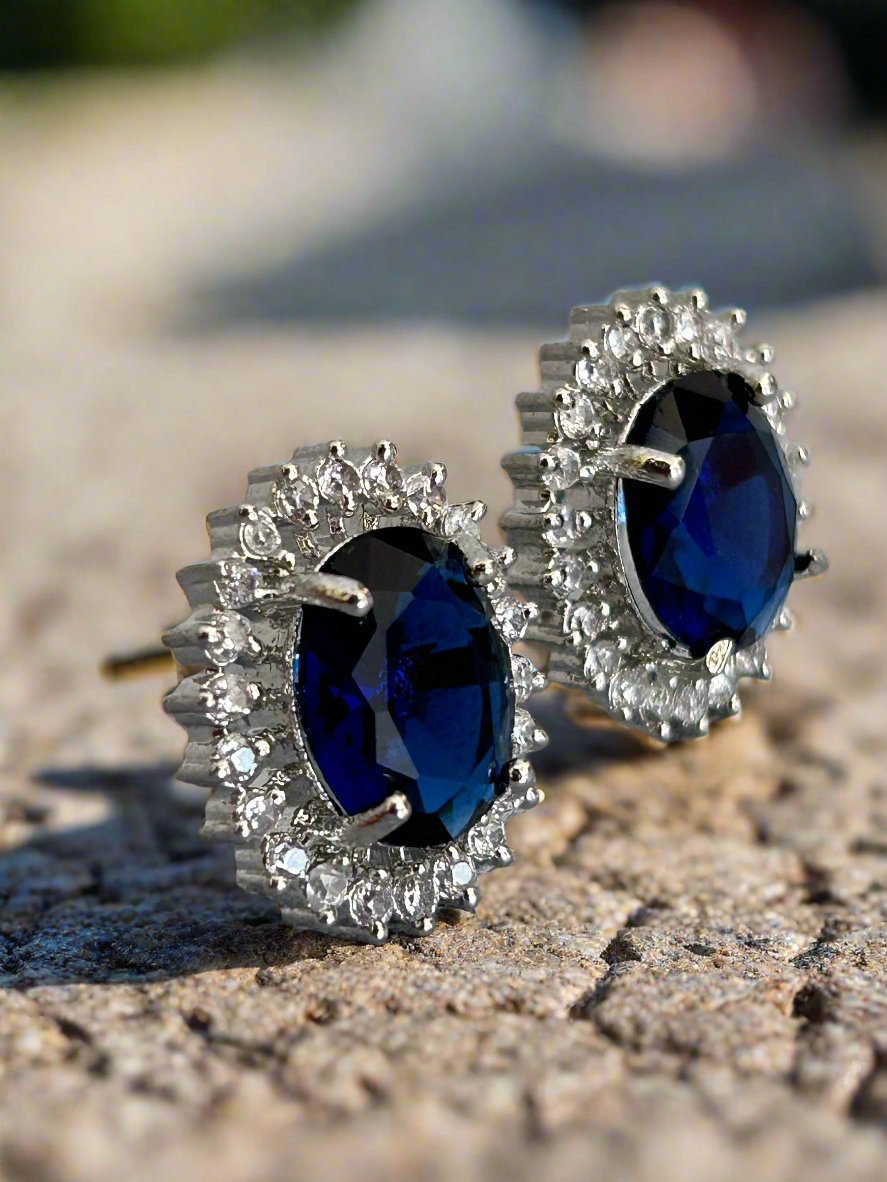 Cluster AD and Blue Sapphire Oval Stud Earrings