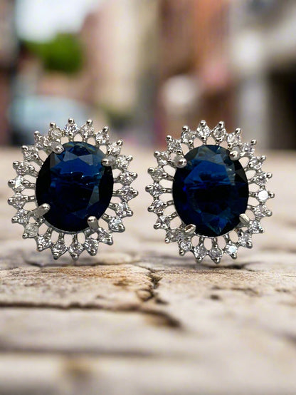 Cluster AD and Blue Sapphire Oval Stud Earrings