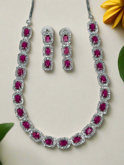 Diamond and Ruby Single Line Necklace Set