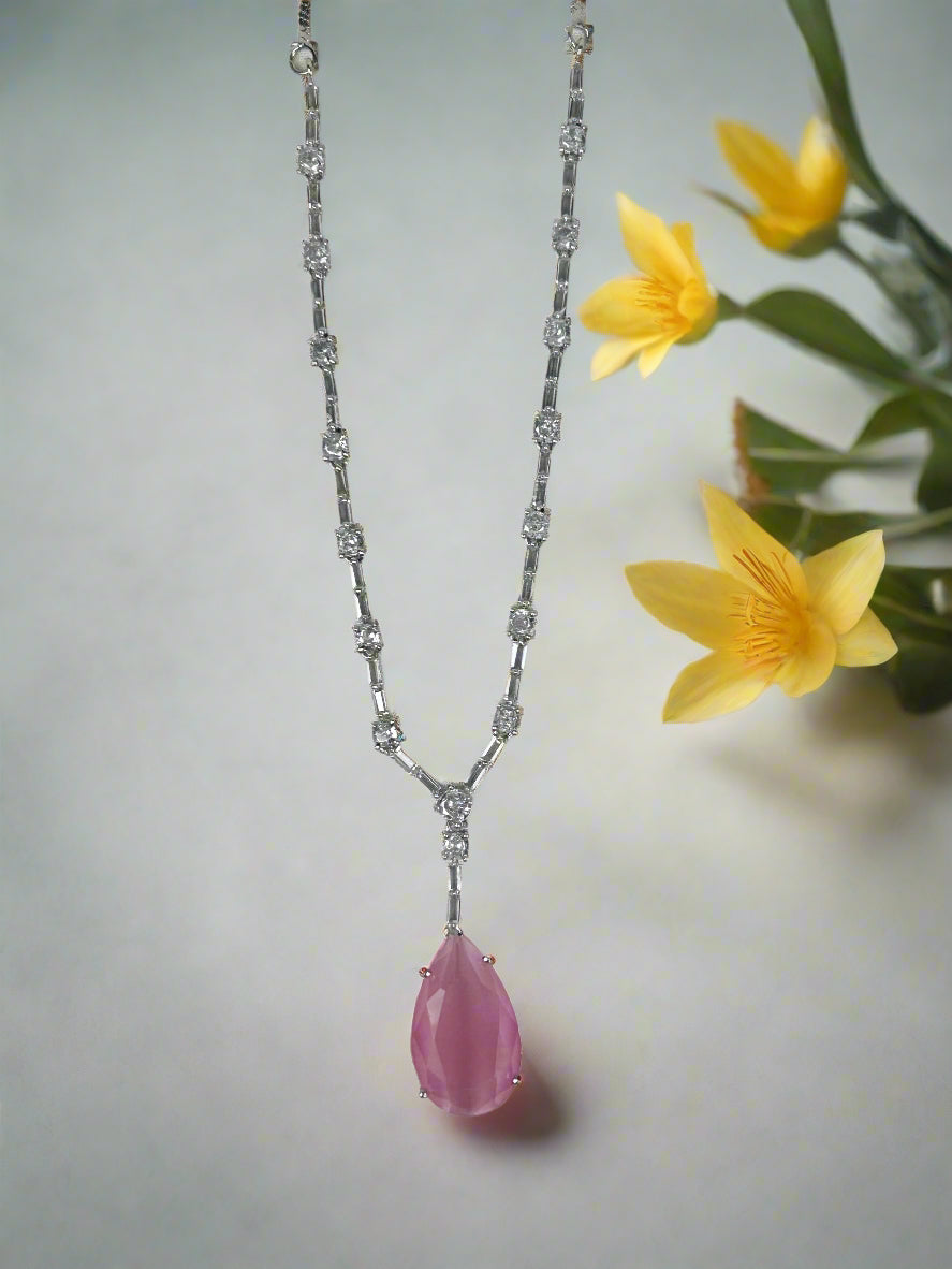 Diamond and Pink Tear Drop Quartz Necklace Set