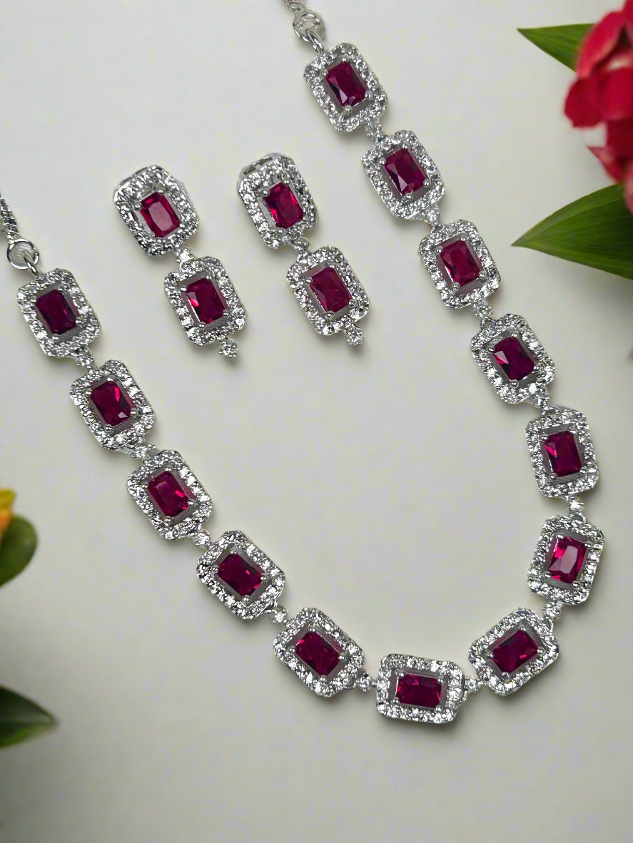 Cluster Diamonds and Rubies Single-Line Necklace Set