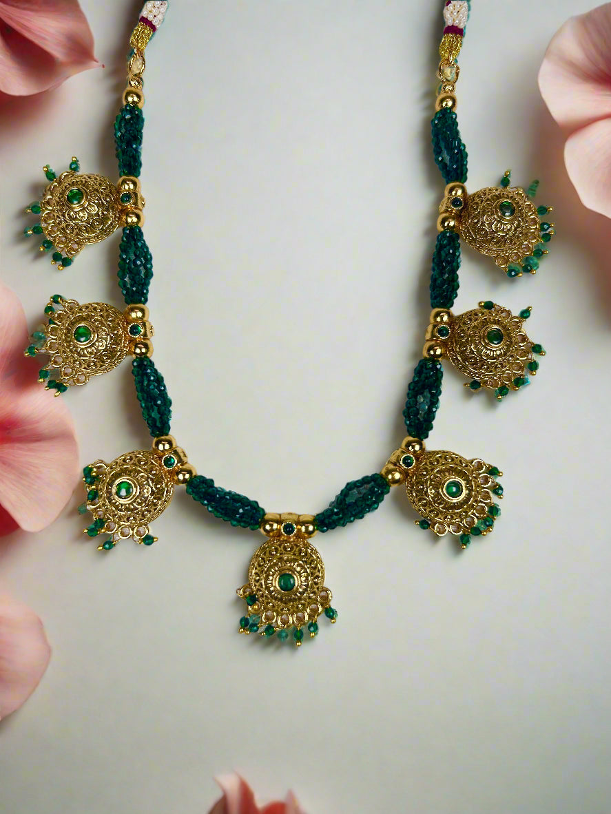 Gold Plated Necklace with Green Beaded Strings