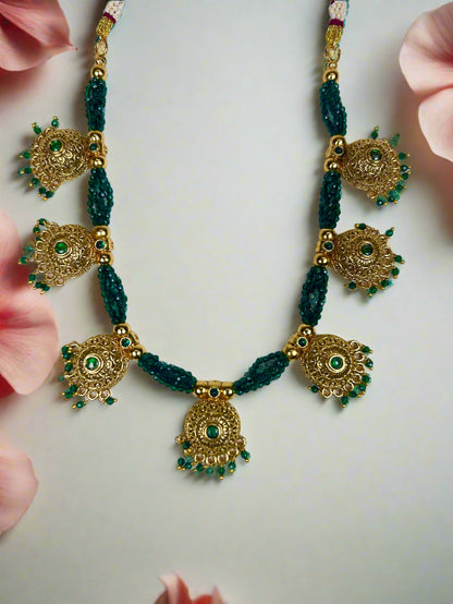 Gold Plated Necklace with Green Beaded Strings