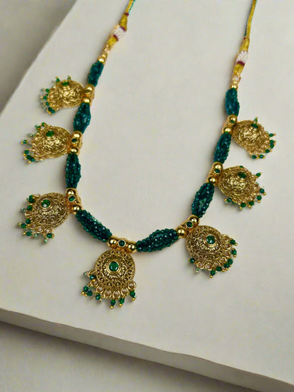 Gold Plated Necklace with Green Beaded Strings