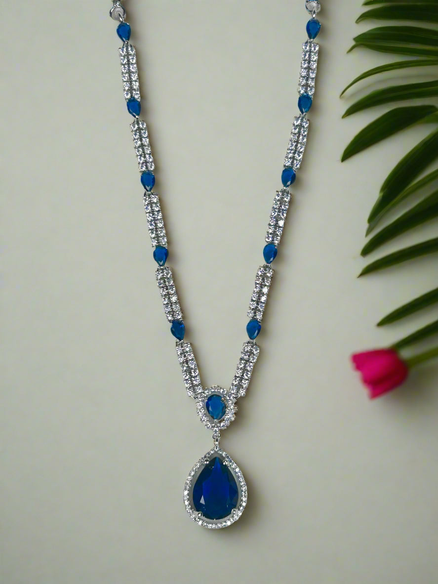 Blue Sapphire Necklace Set with dual-line diamond strings