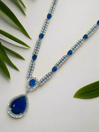 Blue Sapphire Necklace Set with dual-line diamond strings