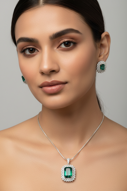 Bold Green Emerald and AD Pendant Set