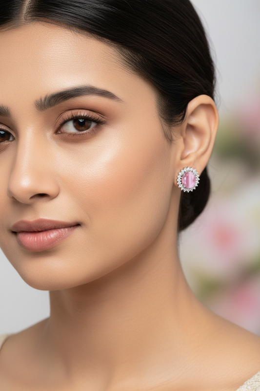 Cluster AD and Pink Quartz Oval Stud Earrings