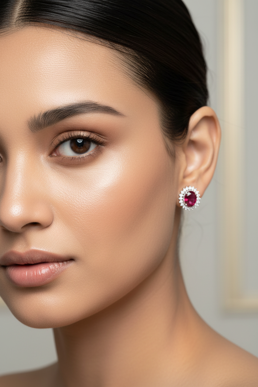 Cluster AD and Ruby Oval Stud Earrings