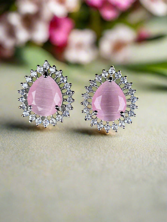 Cluster AD and Pink Quartz Tear Drop Stud Earrings