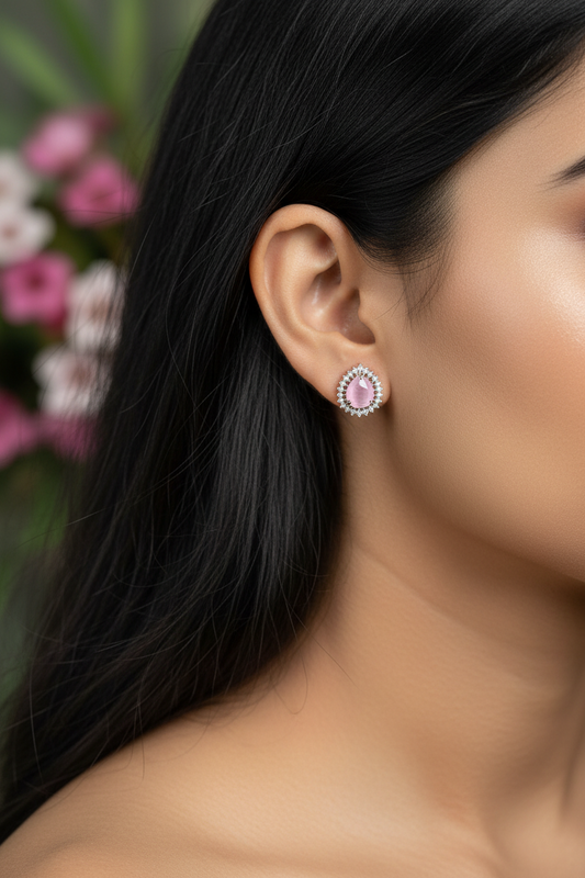 Cluster AD and Pink Quartz Tear Drop Stud Earrings