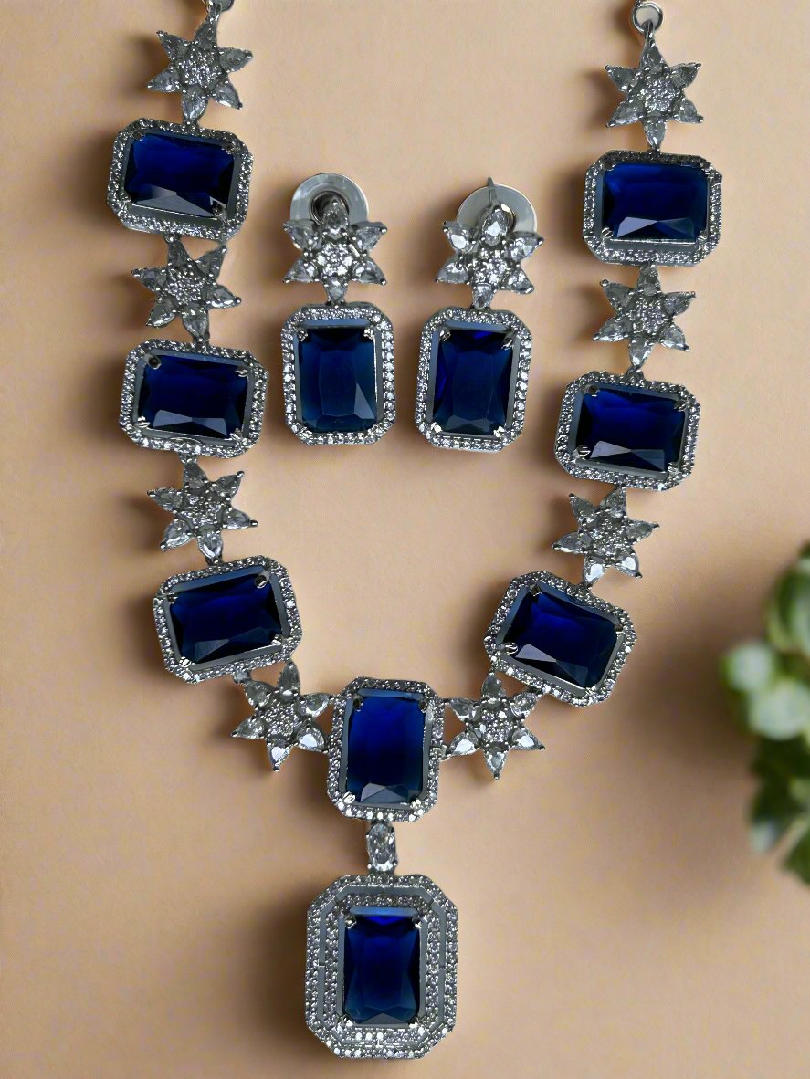 Blue Sapphire and AD Necklace Set